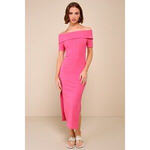 Lulus Remarkably Flirty Hot Pink Short-Sleeve Off-Shoulder Ribbed Midi Dress XS